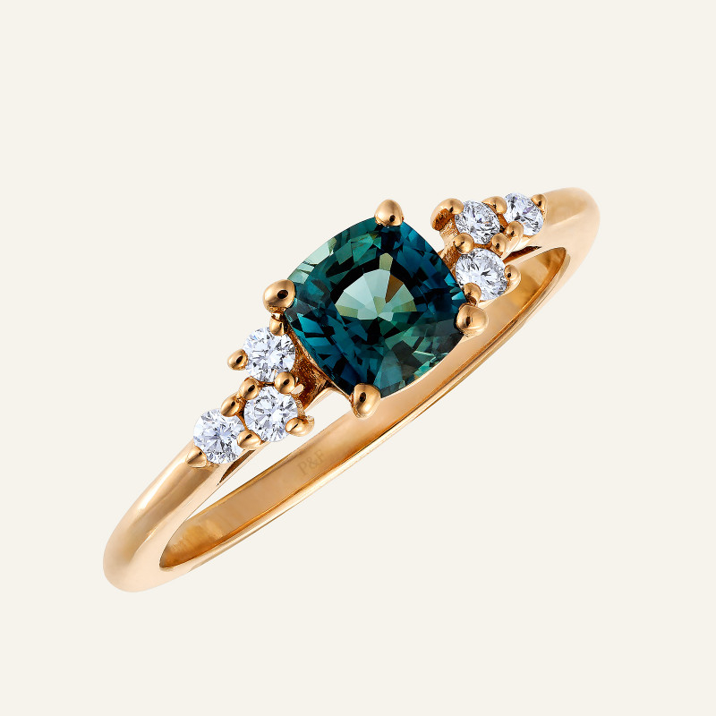 Bague Solitaire Saphir Teal et Diamants en Or Rose, Contemporaine