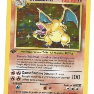 Carte Pokémon Dracaufeu Holographique 1ère édition 1999, illustration centrale dynamique, fond holographique, Ken Sugimori