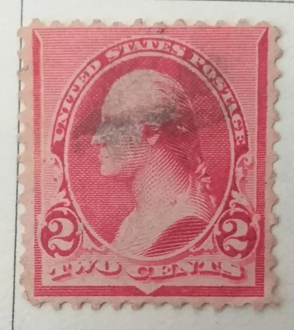 Timbre-poste USA 1890 2 cents George Washington Two Caps Scott #220c oblitéré papier gommé impression typographique dentelure 12