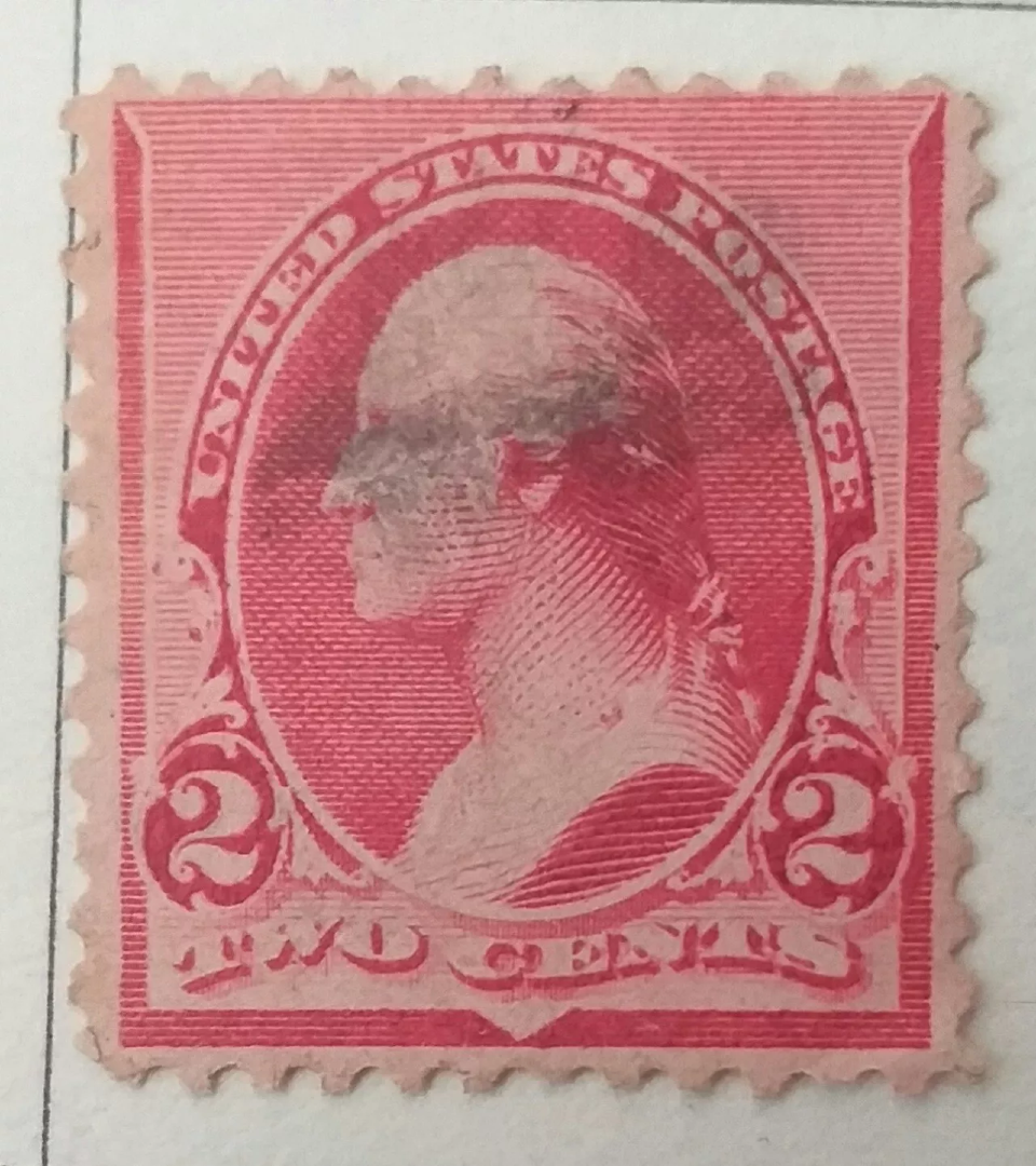 Timbre-poste USA 1890 2 cents George Washington Two Caps Scott #220c oblitéré papier gommé impression typographique dentelure 12