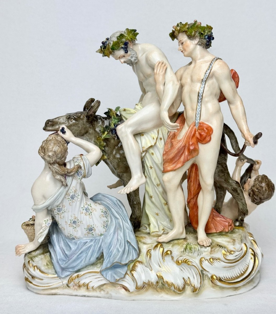Statuette Meissen Silène ivre sur âne en porcelaine dure XVIIIe siècle Johann Joachim Kändler Rococo