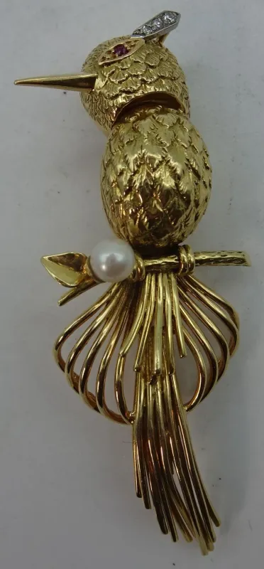 Broche Oiseau Chanteur Art Déco Or Rubis Diamant 1920