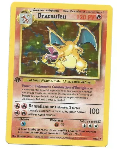 Carte Pokémon Dracaufeu Holographique 1ère Édition Française 1999 Wizards of the Coast