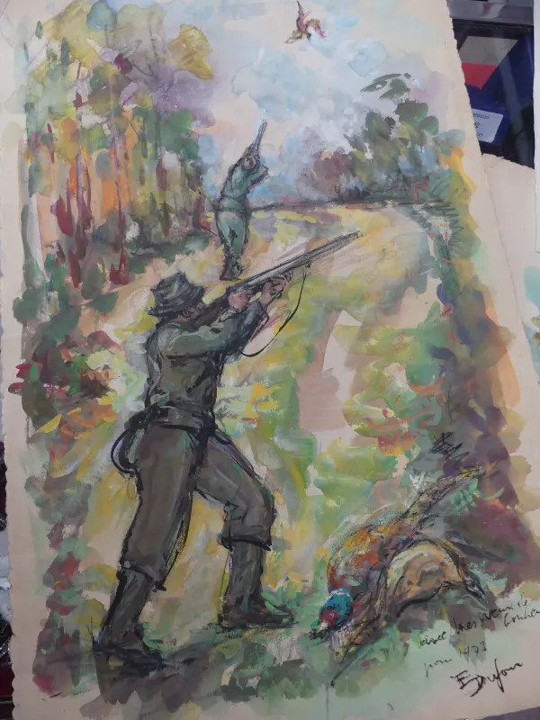 Peinture à l'huile réaliste de chasse XIXe siècle
