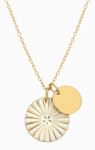 Collier contemporain en laiton plaqué or et émail blanc avec motif solaire et médaillon minimaliste
