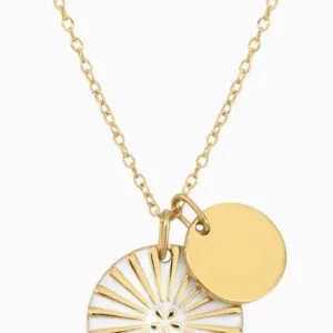 Collier contemporain en laiton plaqué or et émail blanc avec motif solaire et médaillon minimaliste